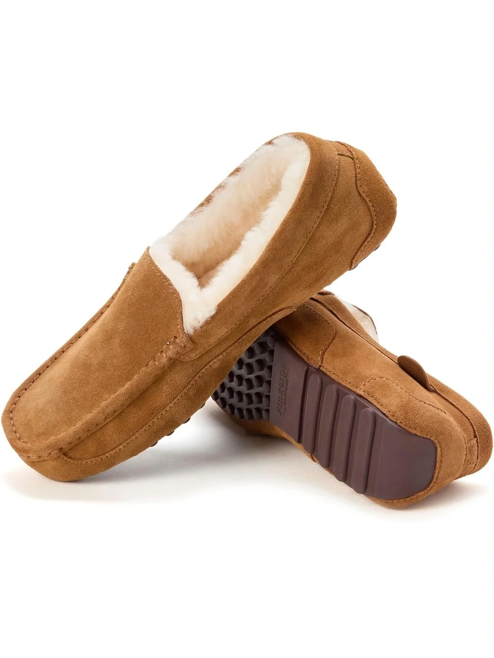 Fireside Men's Suede Shearling Lined Moccasin Slippers - Tan